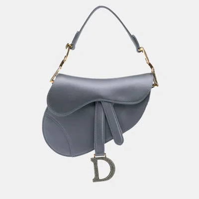 Pre-owned Dior Grey Mini Satin Crystal Embellished Saddle