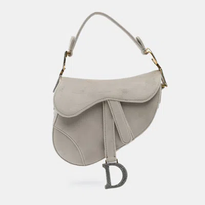 Pre-owned Dior Grey Mini Velvet Crystal Embellished Saddle