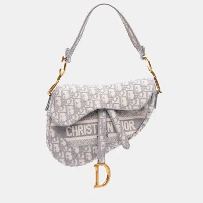 Pre-owned Dior Grey Oblique Canvas Embroidered Saddle Bag In Gray