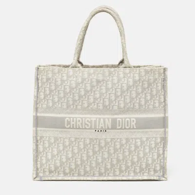 Pre-owned Dior Grey Oblique Embroidered Canvas Large Book Tote