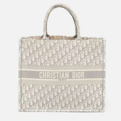 Pre-owned Dior Grey Oblique Embroidered Canvas Large Book Tote