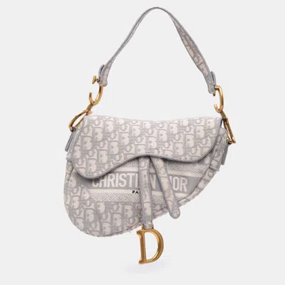 Pre-owned Dior Grey Oblique Embroidered Canvas Saddle Bag