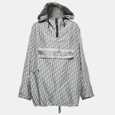 Pre-owned Dior Grey Oblique Jacquard Taffeta Hoodie Oversized Jacket L