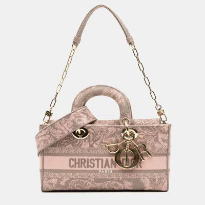 Pre-owned Dior Grey Pink Medium Canvas Embroidered Toile De Jouy Lady D Joy Satchel In Gray