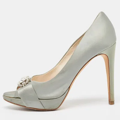 Pre-owned Dior Grey Satin Crystal Embellished Peep Toe Pumps Size 37