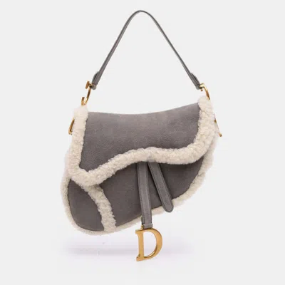 Pre-owned Dior Grey Shearling Suede Saddle Bag In Gray