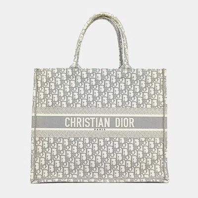 Pre-owned Dior Grey White Fabric Oblique Book Tote Bag 42 In Gray