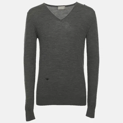 Pre-owned Dior Grey Wool Bee Embroidered V-neck Sweater S In Gray