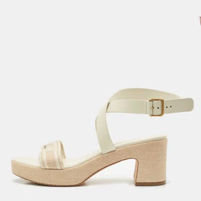 Pre-owned Dior Grey/beige Leather And Canvas Dway Block Heel Ankle Strap Sandals Size 41
