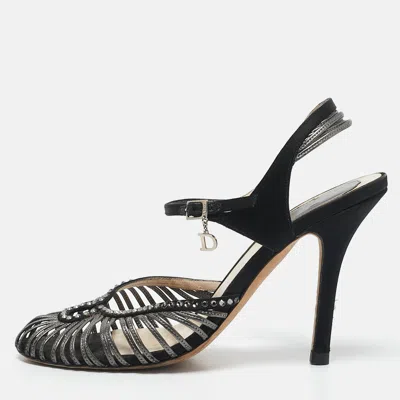 Pre-owned Dior Grey/black Leather And Satin Crystal Embellished Strappy Sandals Size 37