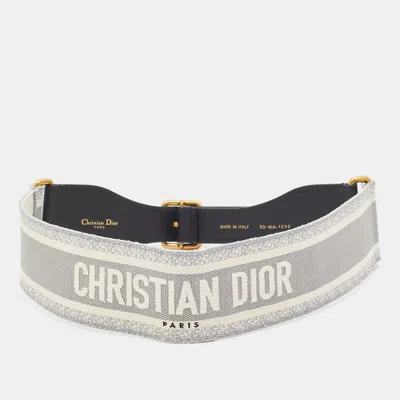 Pre-owned Dior Grey/black Logo Embroidered Canvas And Black Leather Saddle Belt 80cm