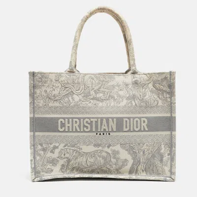 Pre-owned Dior Grey/white Embroidered Toile De Jouy Canvas Medium Book Tote