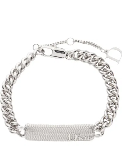 Pre-owned Dior Guilloche Logo Plate Bracelet In Silver