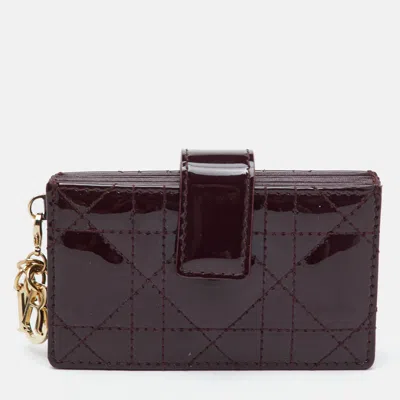 Pre-owned Dior Gusset Burgundy Cannage Patent Leather Card Holder