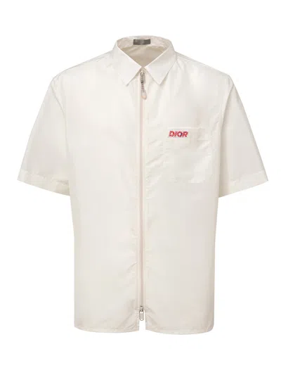Dior Half Sleeve Shirt With White Zip With Logo  In Bianco