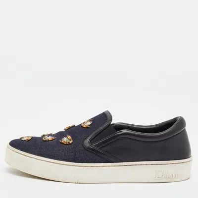 Pre-owned Dior Happy Size 37.5 Navy Blue/black Denim And Leather Crystal Embellished Slip On Sneakers