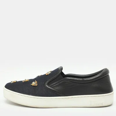 Pre-owned Dior Happy Size 41 Indigo Crystal Embellished Dark Wash Denim And Leather Slip On Sneakers In Blue