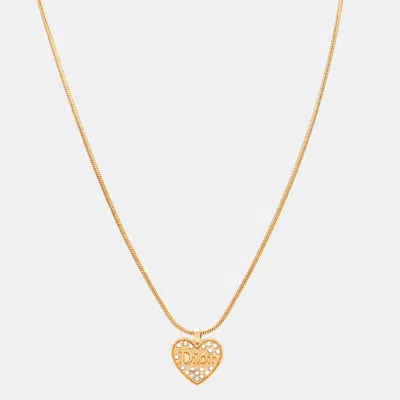 Pre-owned Dior Heart Crystals Gold Tone Necklace