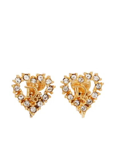 Pre-owned Dior Heart Rhinestone Clip-on Earrings In Gold