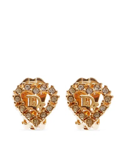 Pre-owned Dior Heart Rhinestone Clip-on Earrings In Gold