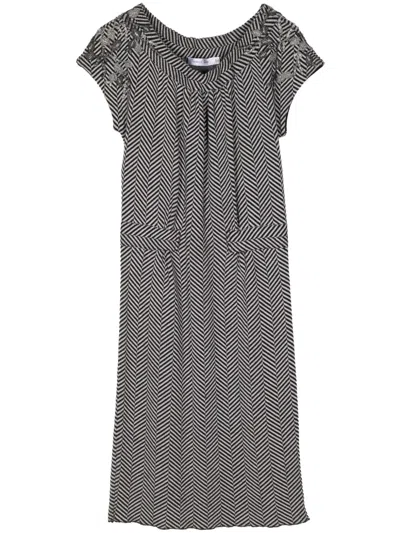 Pre-owned Dior Herringbone Pattern Short-sleeved Wool Dress In Black