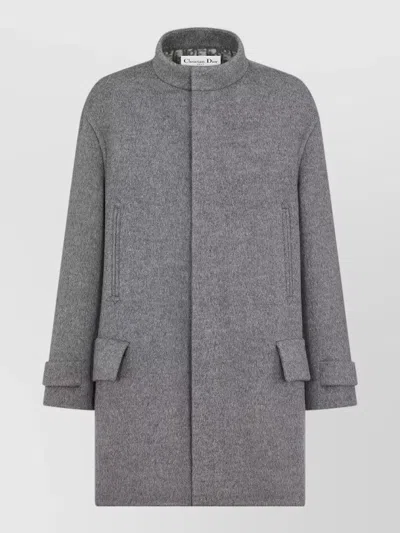 Dior High Collar Coat Buttoned Cuffs Scarf Detail In Gray