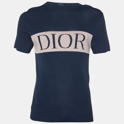 Pre-owned Dior Homme Midnight Blue/pink Logo Knit Crew Neck T-shirt S In Navy Blue