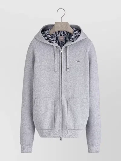 Dior Hooded Knit Top Front Pockets Ribbed Hem In Gray