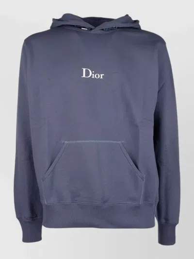 Dior Hooded Sweatshirt Kangaroo Pocket Ribbed Cuffs In Blue