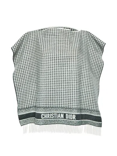 Pre-owned Dior Houndstooth Fringe Poncho In White