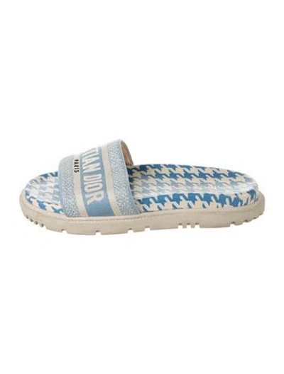 Pre-owned Dior Houndstooth Print Embroidered Accent Slides In Blue