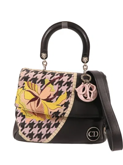 Pre-owned Dior Houndstooth-embroidered Floral-patch Tote Bag In Black