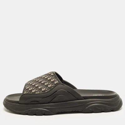 Pre-owned Dior H-town Size 43 Beige/black Oblique Jacquard And Rubber Flat Slide