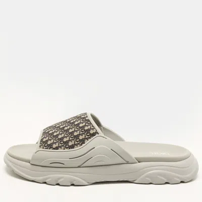 Pre-owned Dior H-town Size 43 Beige/grey Oblique Canvas And Rubber Slide Sandals
