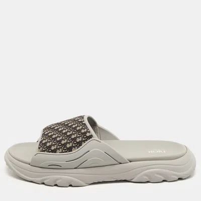 Pre-owned Dior H-town Size 45 Beige/grey Oblique Canvas And Rubber Slide Sandals