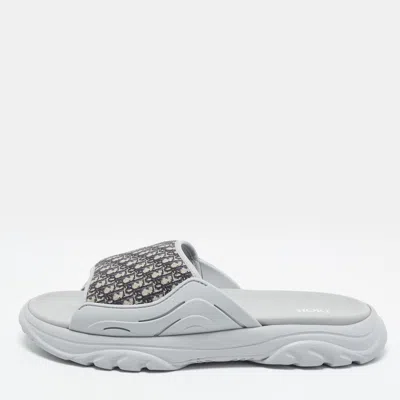 Pre-owned Dior H-town Size 45 Grey/navy Blue Oblique Canvas And Rubber Slide Sandals