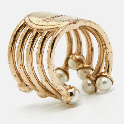 Pre-owned Dior Ific Faux Pearl Open Cuff Ring M In Gold