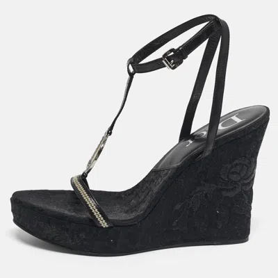 Pre-owned Dior Issima Canvas And Leather Wedge Ankle Strap Sandals In Black