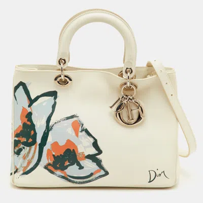 Pre-owned Dior Issimo Medium White Leather Flower Print Shopper Tote