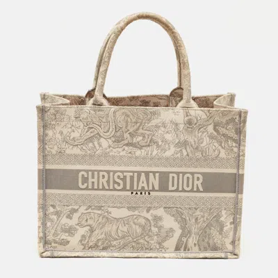Pre-owned Dior Iviera Book Medium Grey/white Embroidered Canvas Tote In Gray
