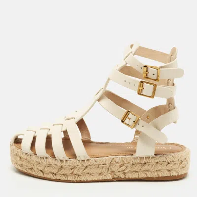 Pre-owned Dior Iviera Size 37 Cream Leather Espadrille Flats In White
