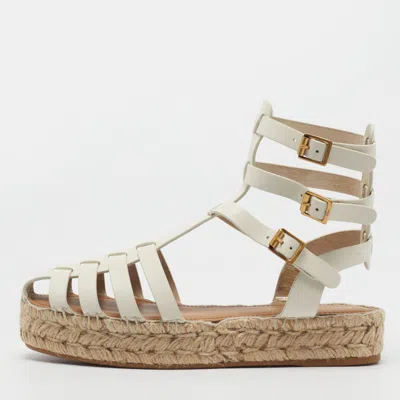 Pre-owned Dior Iviera Size 40 Off White Leather Platform Espadrille Sandals