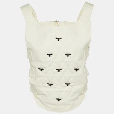 Pre-owned Dior Ivory Cotton Bee Bead Embroidered Strapped Vest M In White