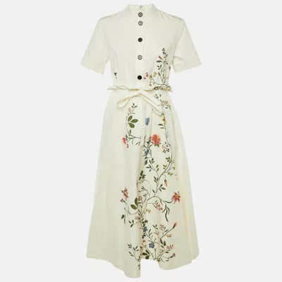 Pre-owned Dior Ivory Floral Print Cotton & Silk Midi Dress M In White