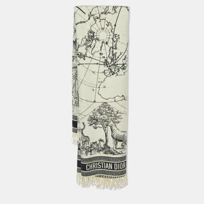 Pre-owned Dior Ivory Zodiac Toile De Jouy Wool Blanket/shawl In White