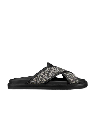 Dior Jacquard Cross Belt Flip-flops In Black