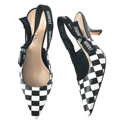Pre-owned Dior J'a Black White Checkered Slingback Heeled Pointed Toe Pumps 37.5