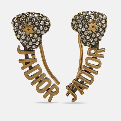 Pre-owned Dior J'a Crystal Heart Gold Tone Earrings