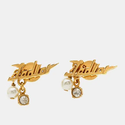 Pre-owned Dior J'a Faux Pearl Crystal Gold Tone Earrings