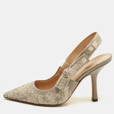 Pre-owned Dior J'a Size 36.5 Grey/white Canvas Logo Embroidered Slingback Pumps